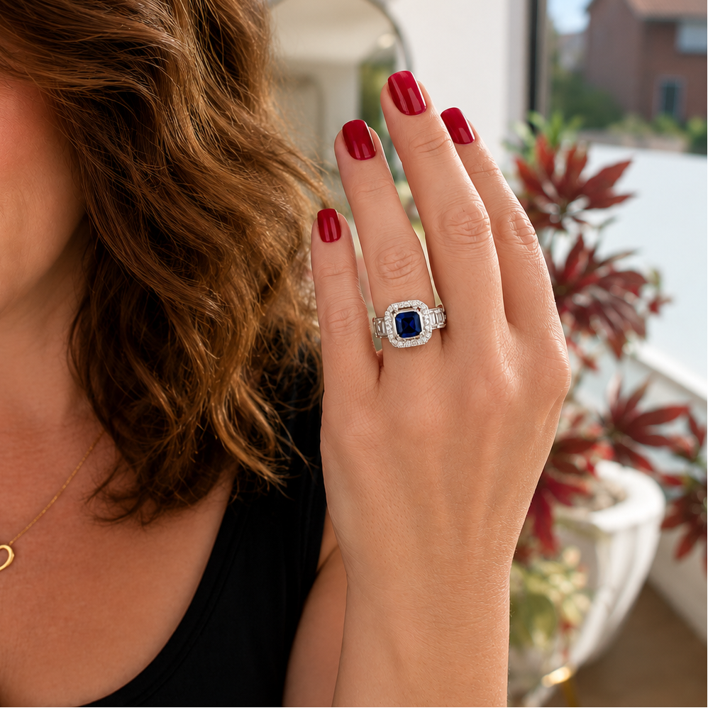 Königlicher Saphir-Kristall-Halo-Ring