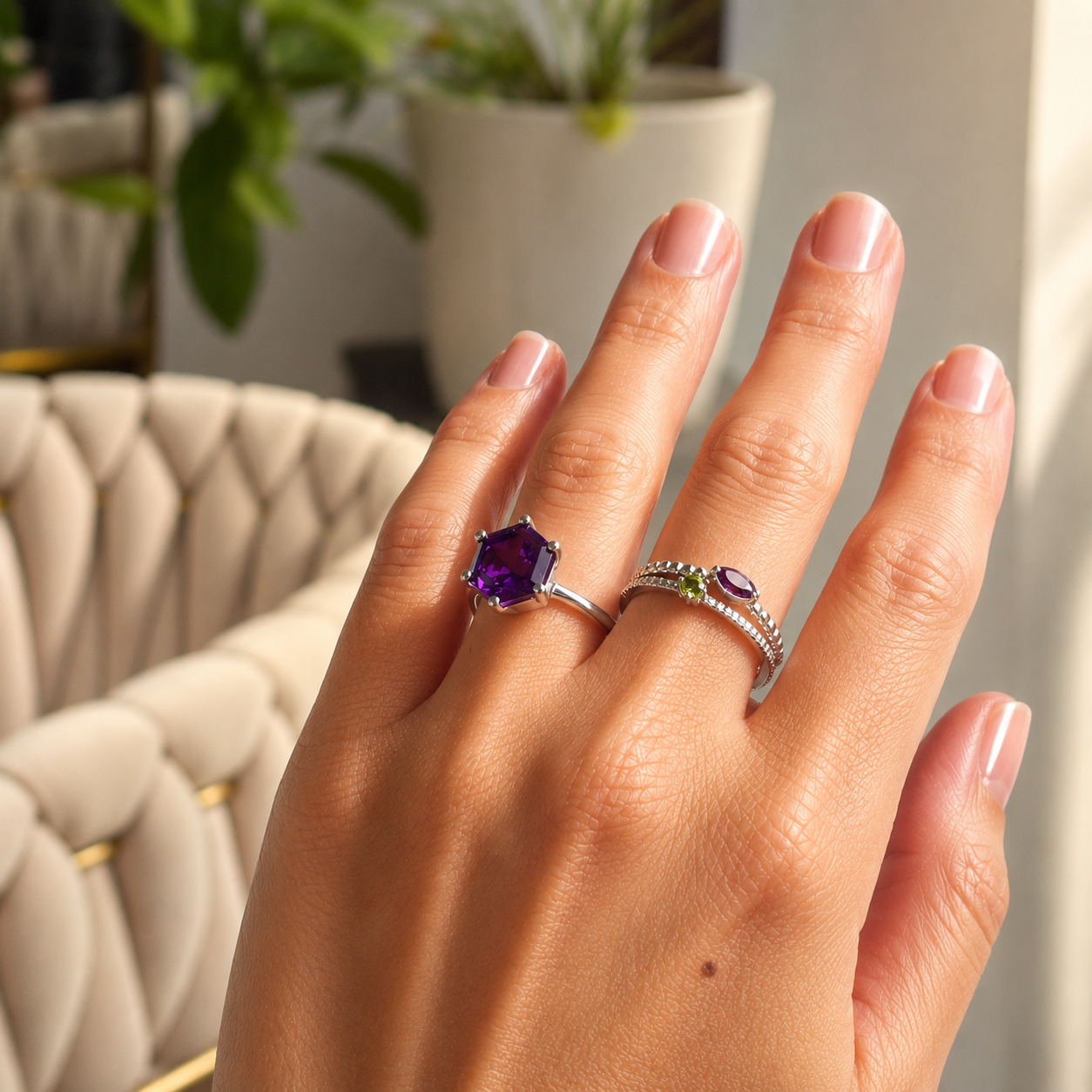 Violetter Hexagon-Ring aus 925er Sterlingsilber