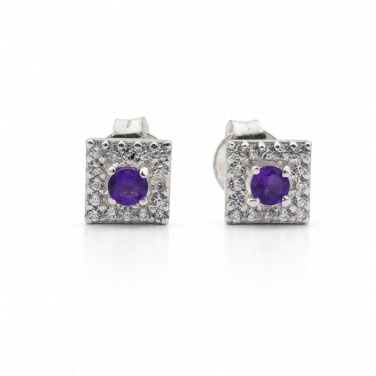 Amethist Halo Square Studs